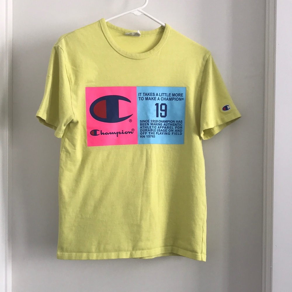Champion Multi Color Neon Yellow Jock Tag Graphic T-Shirt Small